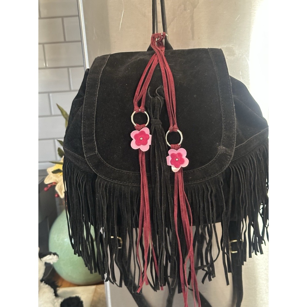 Y2K Boho Suede Fringe Back Pack-real Hide-Artisan Boutique- Custom Floral Charm